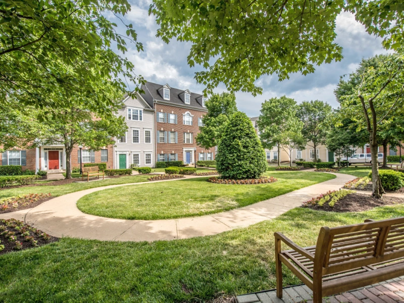 Tree-lined courtyard at residential townhome complex with winding sidewalks and manicured landscaping