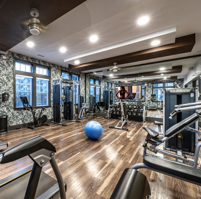 Fully equipped gym with strength machines, cardio equipment, and mirrors lining the wall